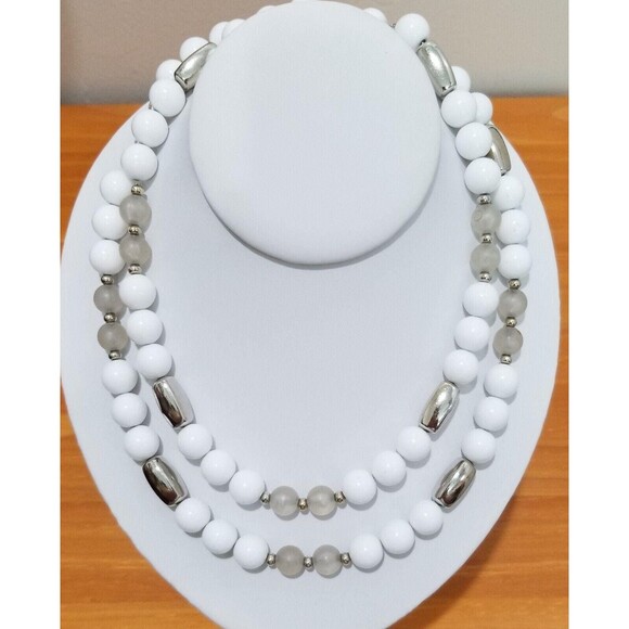 36" Long White and Gray Vintage Necklace strung on Chain - Picture 5 of 10